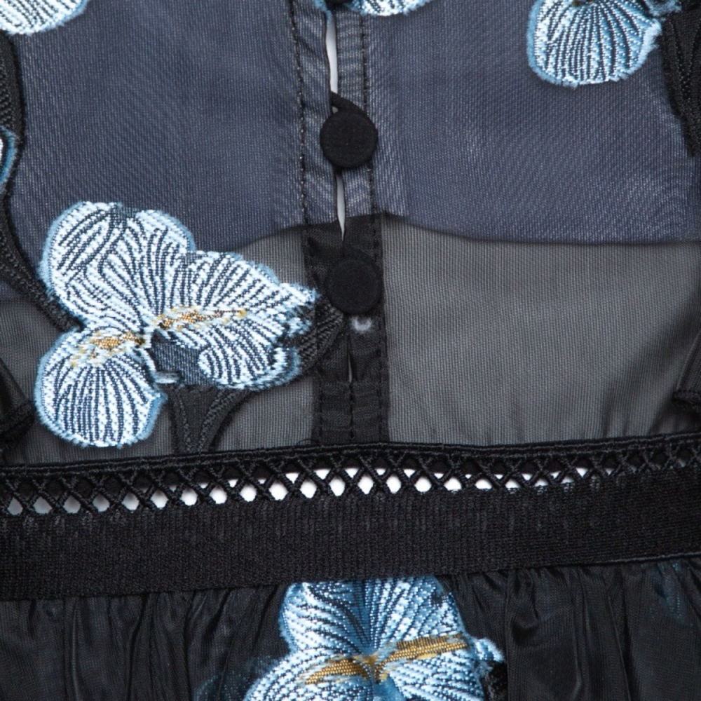 Self-Portrait Black & Blue Floral Fil Coupe Cape Detail Tiered Midi Dress 6 - Picture 12 of 14